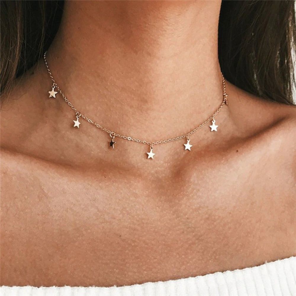 Star Choker Necklace Gold or Silver Tone Boho Festival Layering